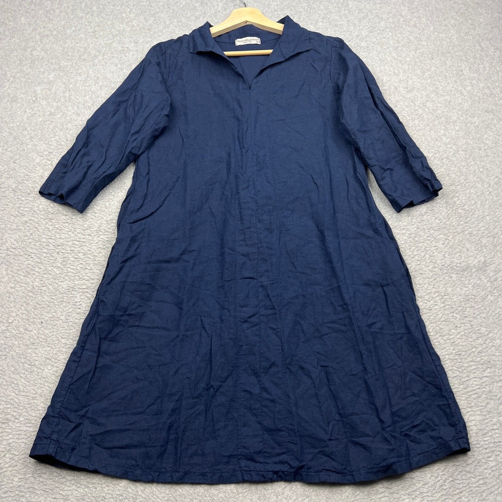 Terzo Millennio Dress Womens Small Blue Woven Linen V-Neck 3/4 Sleeve Italy Made